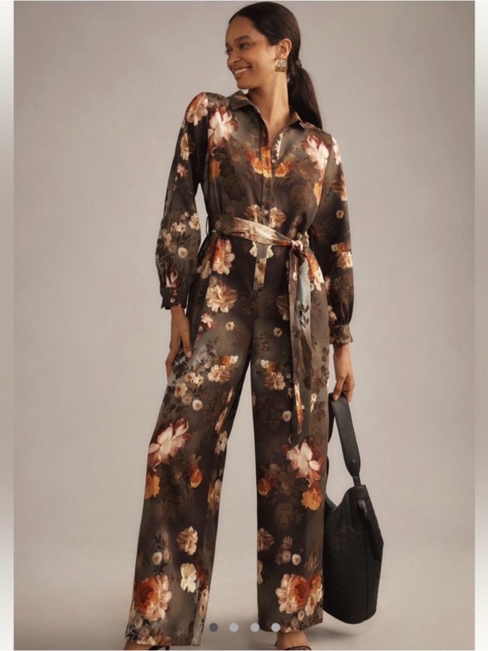 Ranna Gill Long Sleeve Jumpsuit Floral Satin Tie-Waist Jumpsuit in Dark Brown